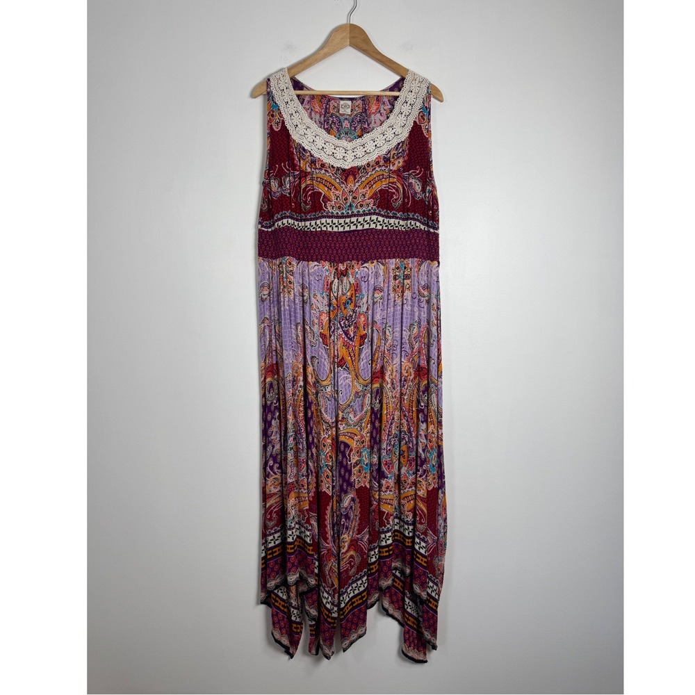 Boho Bila Womens XL Maxi Dress Purple Paisley Crochet Trim Sharkbite Hem Boho